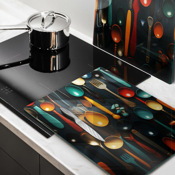 Glas Ceranfeldabdeckung Bunte Löffel und Gabeln