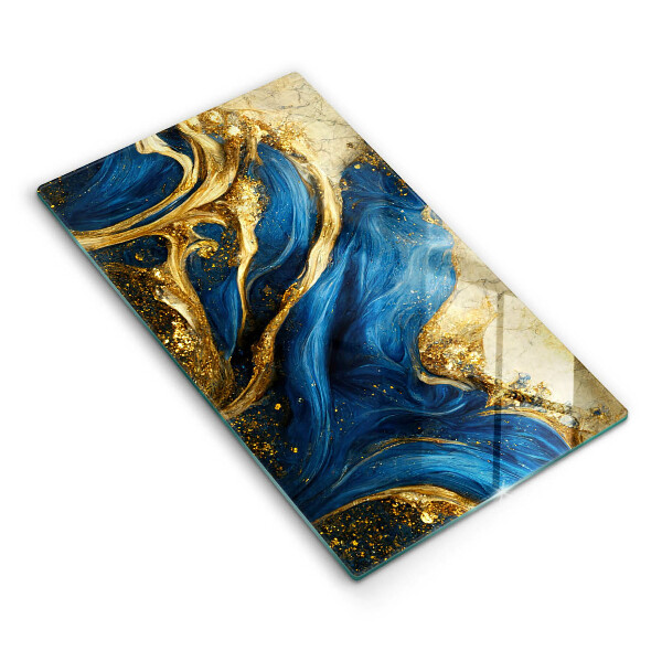 Glas Herdabdeckplatte Blauer und goldener Marmor