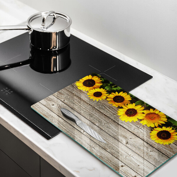 Glas Ceranfeldabdeckung Spritzschutz Sonnenblumen auf Brettern