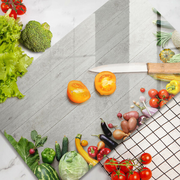 Glas Herdabdeckplatte Gemüse auf Brettern