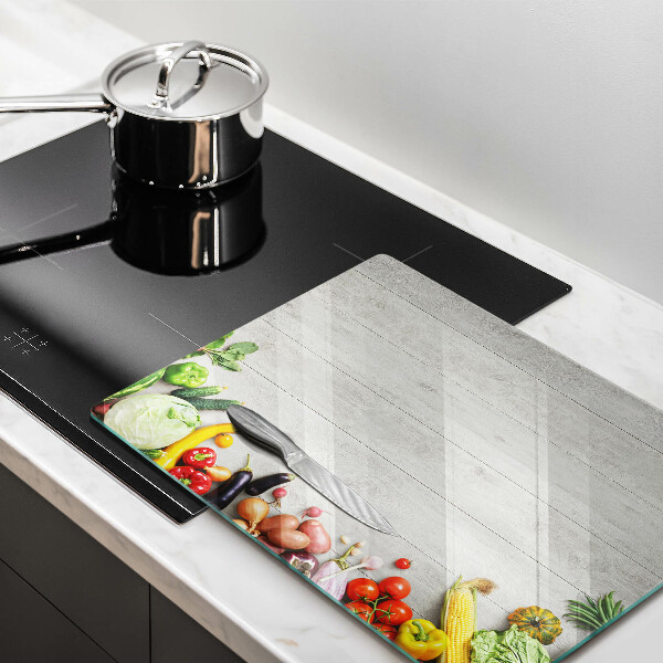 Glas Herdabdeckplatte Gemüse auf Brettern