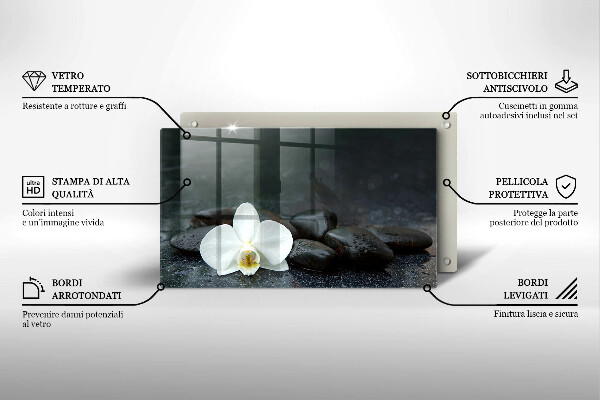 Glas Herdabdeckplatte Zen-Steine mit weißen Blüten
