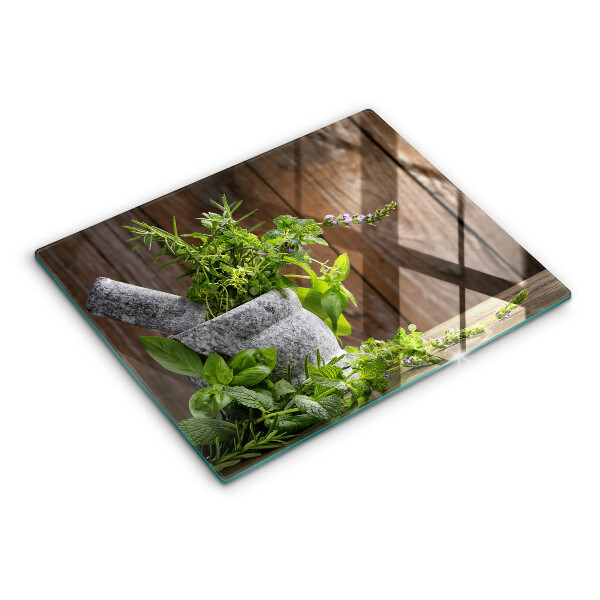Glas Herdabdeckplatte Pflanzen Kräuter und Holz