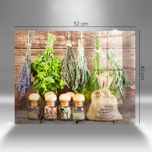 Glas Herdabdeckplatte Kräuter Gewürze und Holz