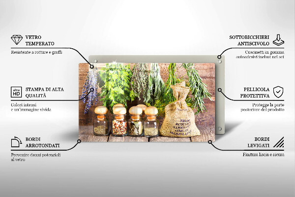 Glas Herdabdeckplatte Kräuter Gewürze und Holz