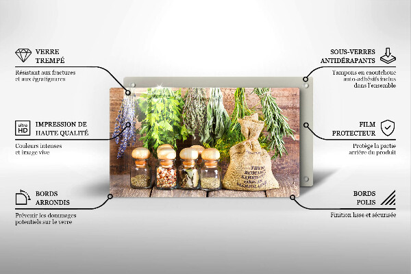 Glas Herdabdeckplatte Kräuter Gewürze und Holz