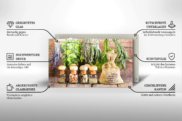 Glas Herdabdeckplatte Kräuter Gewürze und Holz