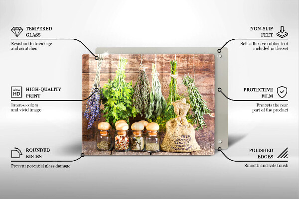 Glas Herdabdeckplatte Kräuter Gewürze und Holz