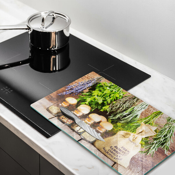 Glas Herdabdeckplatte Kräuter Gewürze und Holz