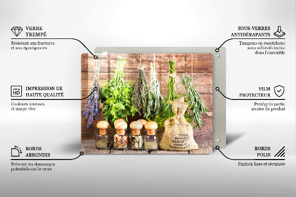 Glas Herdabdeckplatte Kräuter Gewürze und Holz