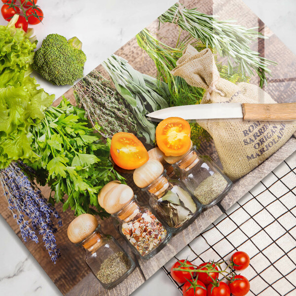 Glas Herdabdeckplatte Kräuter Gewürze und Holz
