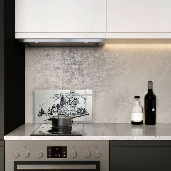 Glas Herdabdeckplatte Zeichnung einer Hütte in den Bergen