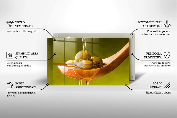 Glas Herdabdeckplatte Olivenöl und Oliven