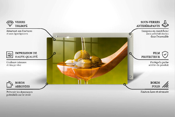 Glas Herdabdeckplatte Olivenöl und Oliven