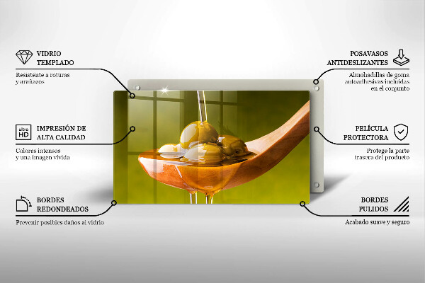 Glas Herdabdeckplatte Olivenöl und Oliven