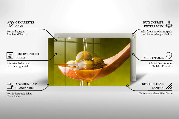 Glas Herdabdeckplatte Olivenöl und Oliven