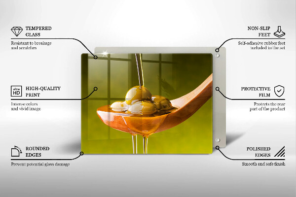 Glas Herdabdeckplatte Olivenöl und Oliven