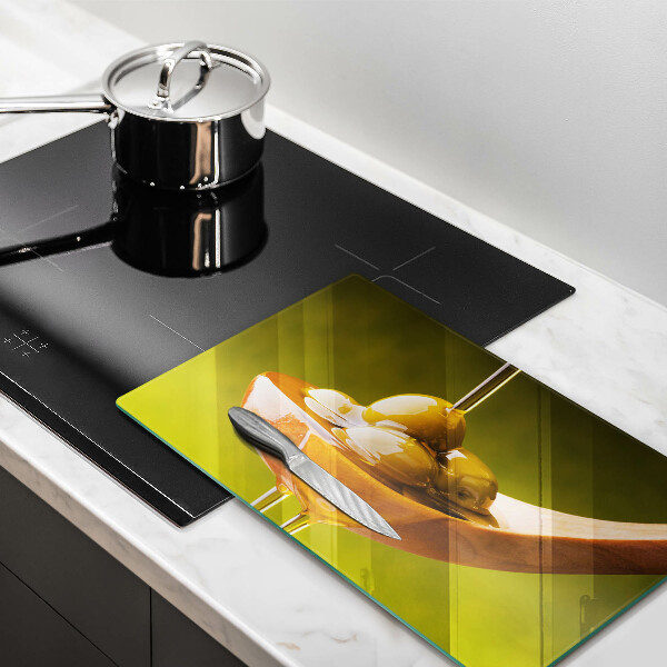 Glas Herdabdeckplatte Olivenöl und Oliven