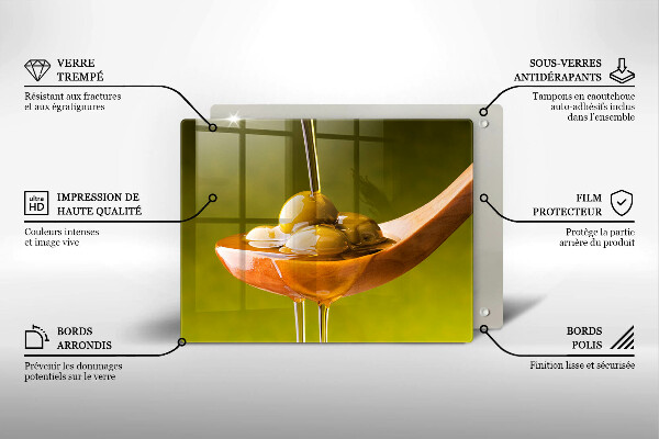 Glas Herdabdeckplatte Olivenöl und Oliven