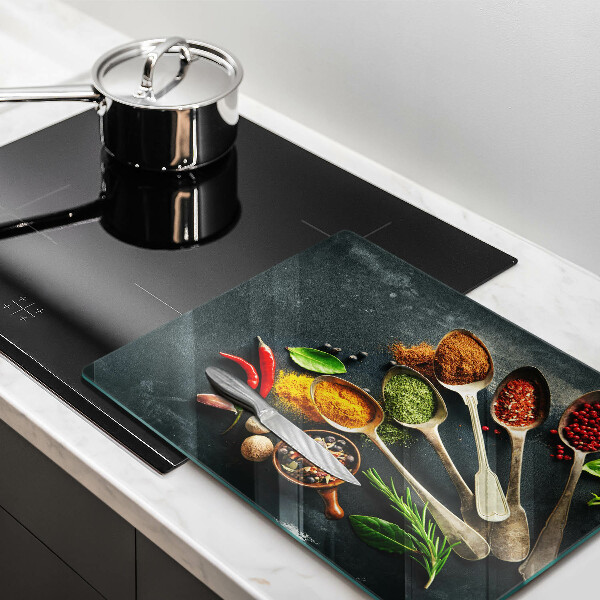 Glas Herdabdeckplatte Küchenlöffel mit Gewürzen