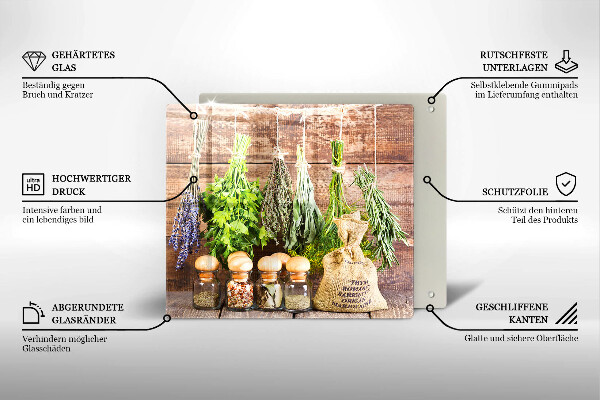 Glas Herdabdeckplatte Kräuter Gewürze und Holz