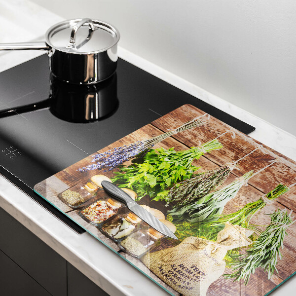 Glas Herdabdeckplatte Kräuter Gewürze und Holz