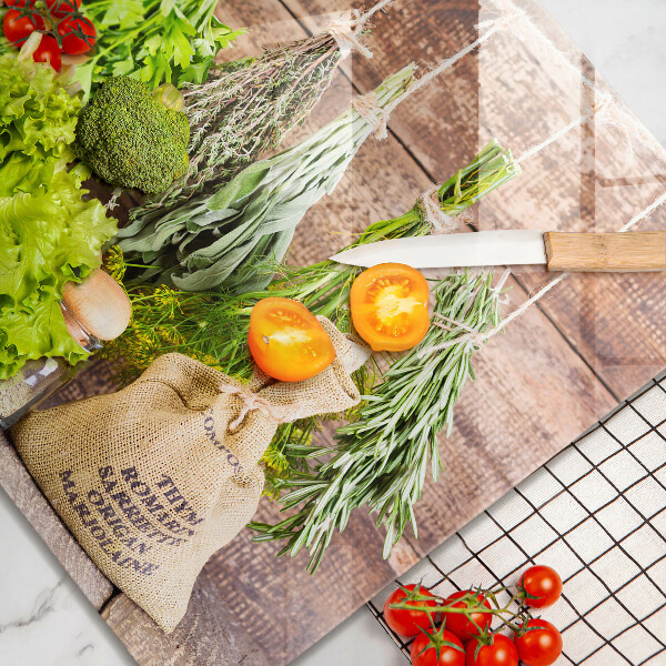 Glas Herdabdeckplatte Kräuter Gewürze und Holz