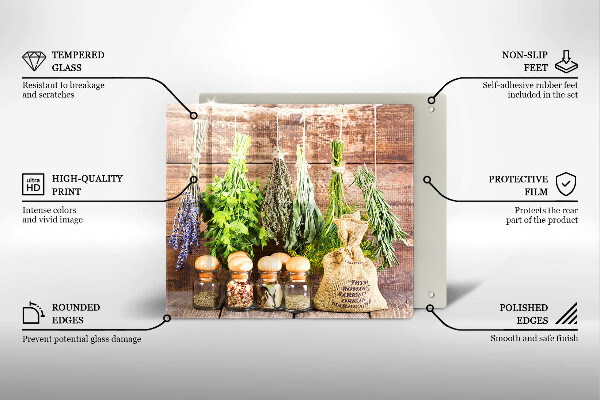 Glas Herdabdeckplatte Kräuter Gewürze und Holz