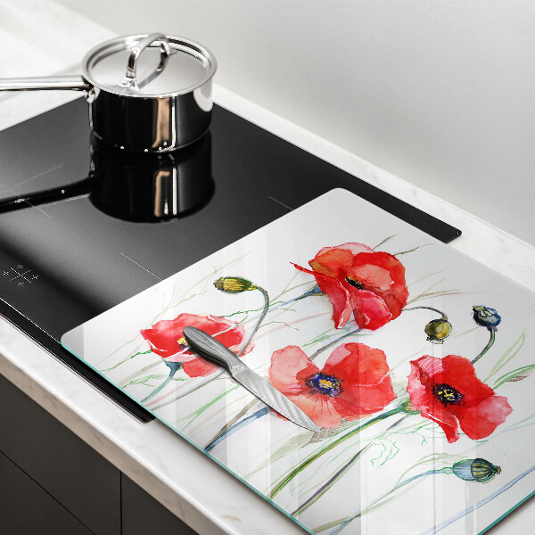Glas Herdabdeckplatte Rote Mohnblumen