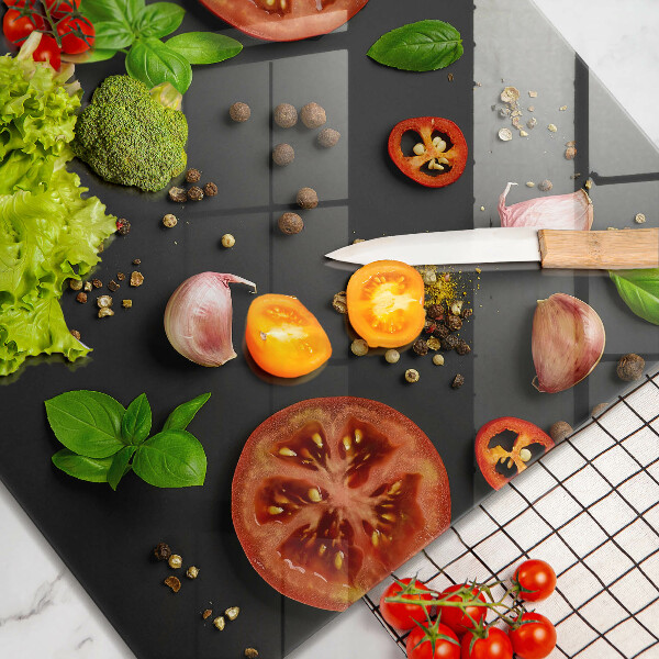 Glas Herdabdeckplatte Tomaten und Gewürze