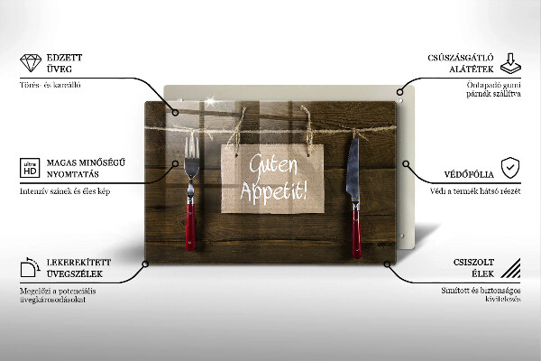 Glas Herdabdeckplatte Guten Appetit-Inschrift auf Holzbrettern