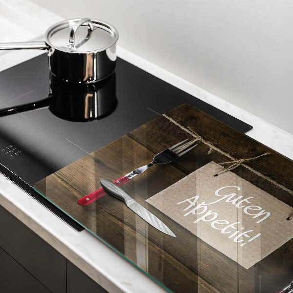 Glas Herdabdeckplatte Guten Appetit-Inschrift auf Holzbrettern