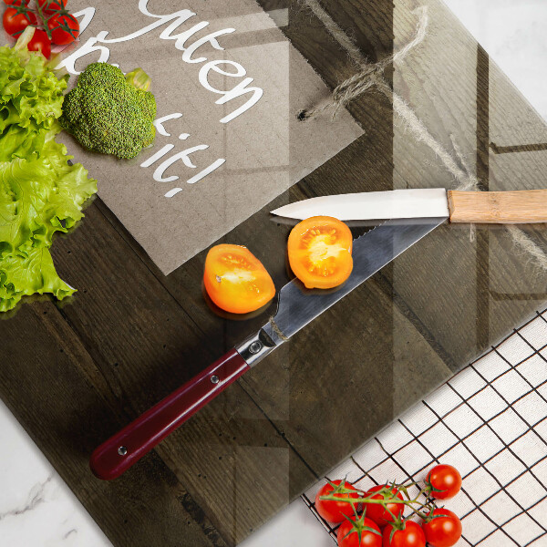 Glas Herdabdeckplatte Guten Appetit-Inschrift auf Holzbrettern