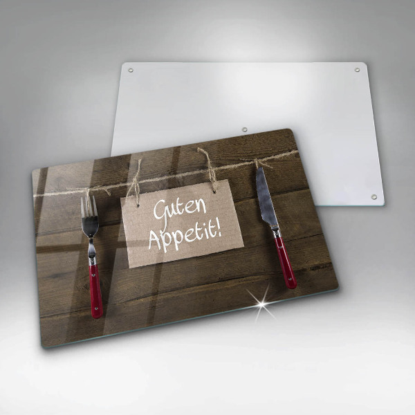 Glas Herdabdeckplatte Guten Appetit-Inschrift auf Holzbrettern