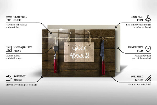 Glas Herdabdeckplatte Guten Appetit-Inschrift auf Holzbrettern