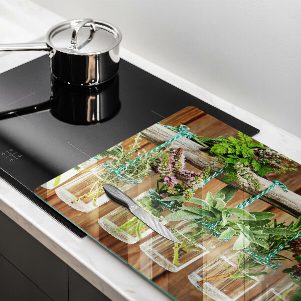 Glas Herdabdeckplatte Kräuterpflanzen Vintage