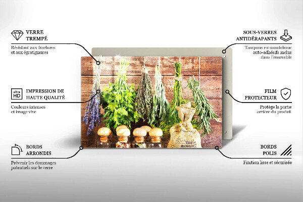 Glas Herdabdeckplatte Kräuter Gewürze und Holz