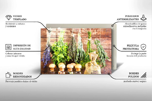 Glas Herdabdeckplatte Kräuter Gewürze und Holz