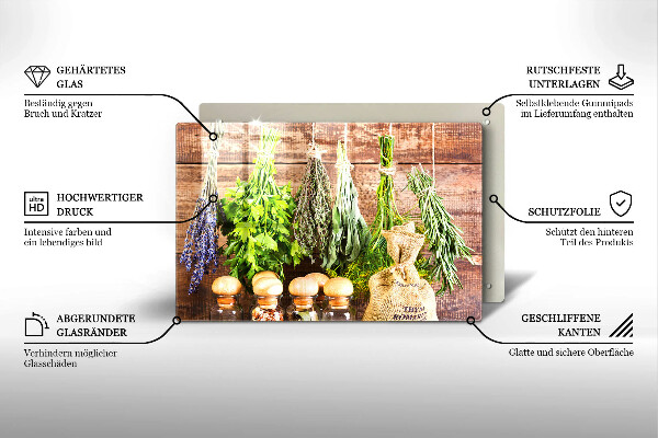 Glas Herdabdeckplatte Kräuter Gewürze und Holz