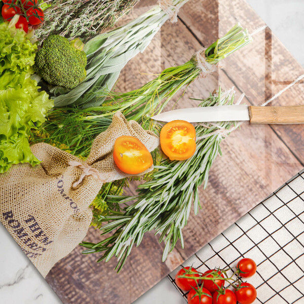 Glas Herdabdeckplatte Kräuter Gewürze und Holz