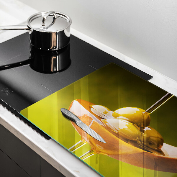 Glas Herdabdeckplatte Olivenöl und Oliven