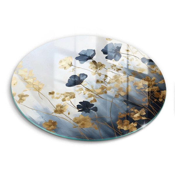 Glas Herdabdeckplatte Blaue und goldene Blumen