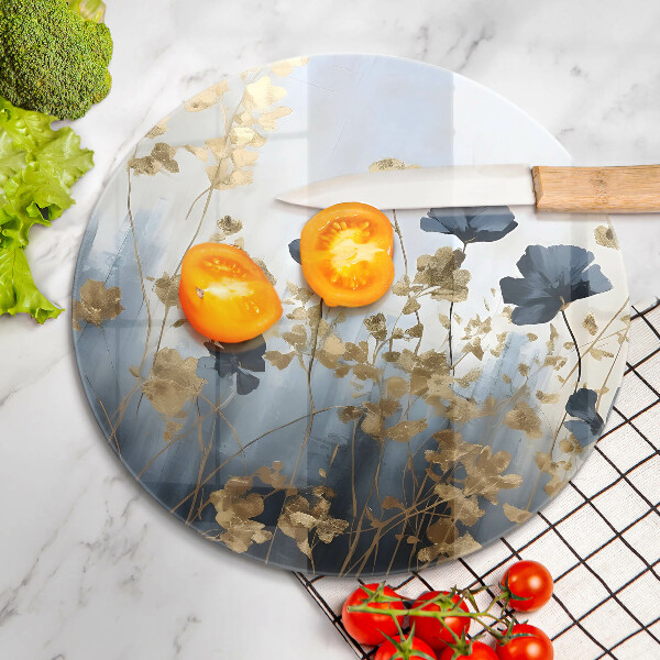 Glas Herdabdeckplatte Blaue und goldene Blumen