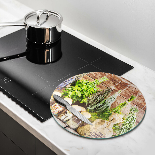 Glas Herdabdeckplatte Kräuter Gewürze und Holz