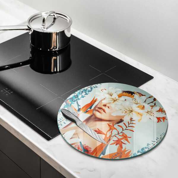 Glas Ceranfeldabdeckung Spritzschutz Frau in Blumen