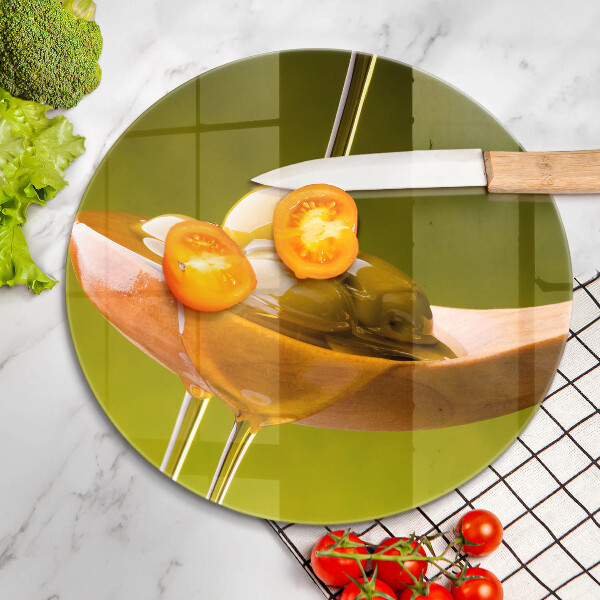 Glas Herdabdeckplatte Olivenöl und Oliven