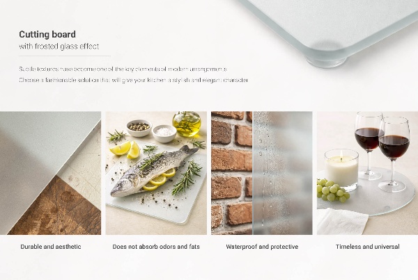 Rechteckiges Schneidebrett aus Glas in der Größe 52 x 30 cm