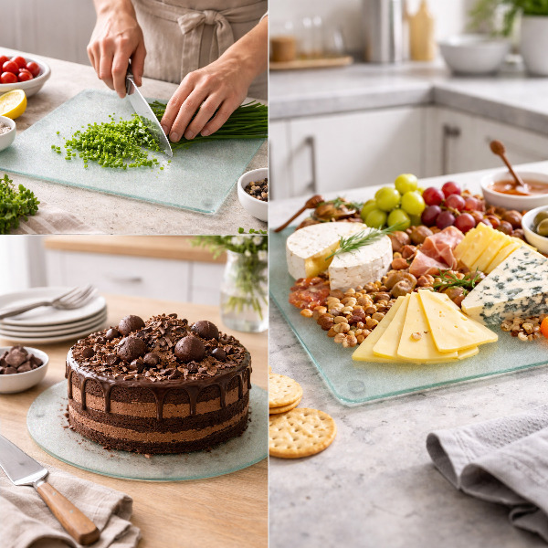 Rechteckiges Schneidebrett aus Glas in der Größe 52 x 30 cm