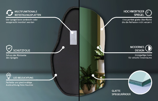 Asymmetrischer spiegel beleuchtet einzigartig 70x46 cm