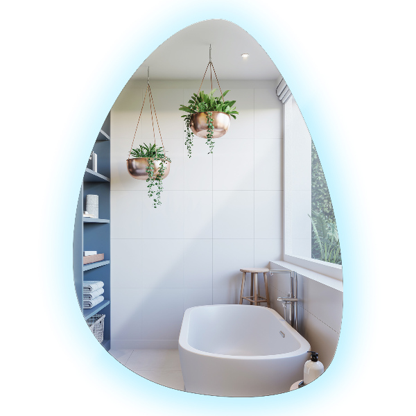 LED Spiegel in asymmetrischer Eiform 64x90 cm